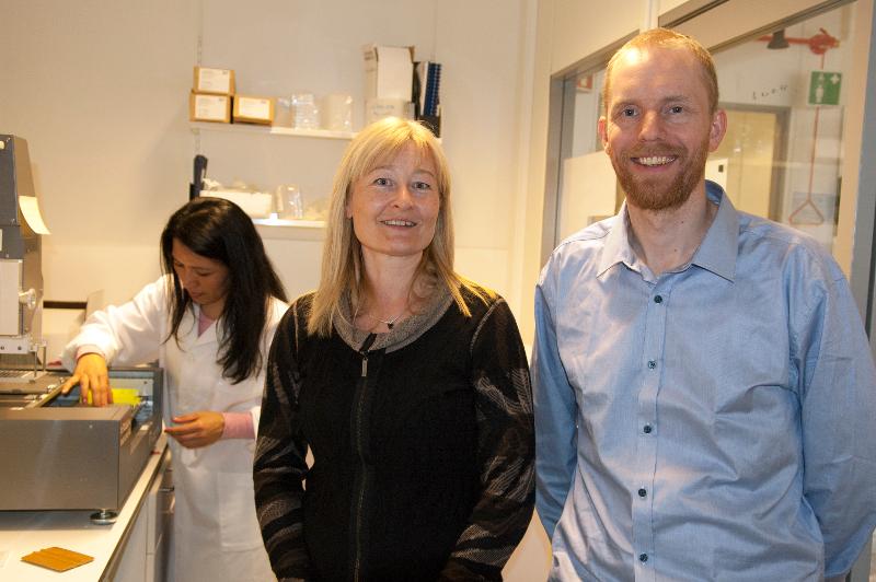 Bjørn Altermark (t.h.) og Hilde Hansen forsker på bakterier og plast. I bakgrunnen står avdelingsingeniør Man Kumari Gurung. 